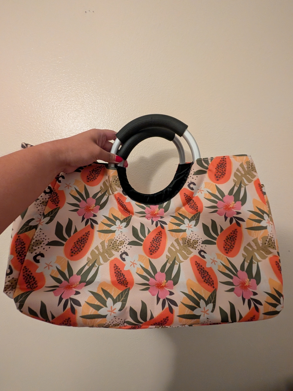 Tropical Papaya Print Tote with Black Round Handles